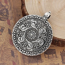 Pendentif N°000 Style Bohème en Alliage Rond Fleur Argent Vieilli 71 mm x 59 mm