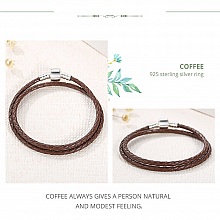 Bracelet Double Cuir Tressé Café 38 cm Fermoir Clip Argent 925