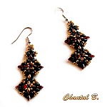 boucles d'oreilles soirée perles verre noires rouge et or