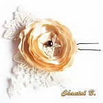 pic fleur à chignon épingle à cheveux mariage fleur de satin sur dentelle ivoire perle chocolat
