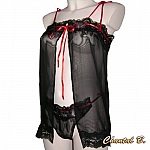 Lingerie Saint Valentin ensemble déshabillé noir soie papillon rouge Alix