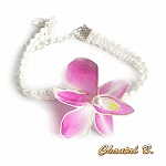 Bracelet mariée orchidée de soie rose peinte sur guipure  