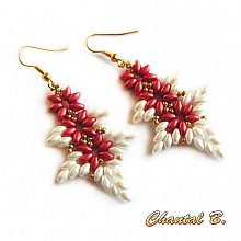 boucles d'oreilles pendantes perles tissées corail blanc et doré