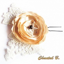 pic fleur à chignon épingle à cheveux mariage fleur de satin sur dentelle ivoire perle chocolat