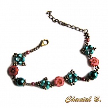 bracelet fantaisie perles fleurs bohème rose et perles nacrées turquoise métal bronze