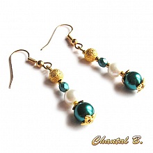 boucles d'oreilles perle émeraude ivoire et dorée soirée mariage plaqué or