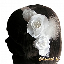 bandeau de cheveux mariée blanc fleurs de satin dentelle et plumes