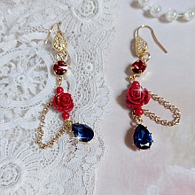 BO Flamenca montées avec cabochons en Cristal, roses en Résine, perles rondes en Jade, une chaîne avec des poires en oxyde de Zirconium