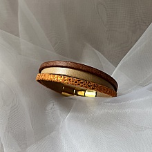 Bracelet manchette femme aux 3 cuirs Orange, beige et doré