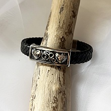Bracelet homme cuir noir tressé décor 2 coeurs gravés
