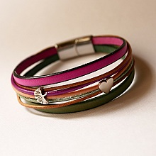 Bracelet manchette multi-cordons cuirs fuchsia aux 2 passants argentés