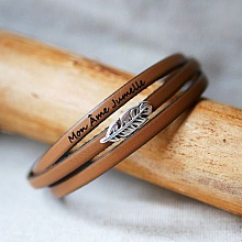 Bracelet femme cuir artisanal bohème décor plume 3 tours personnalisable